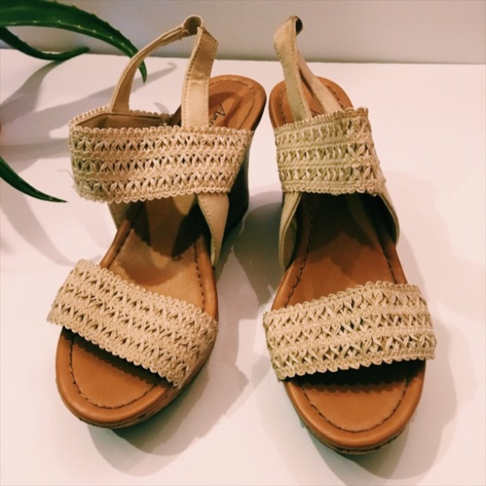 Cream/Nude Lace Cork Wedges By American Eagle
